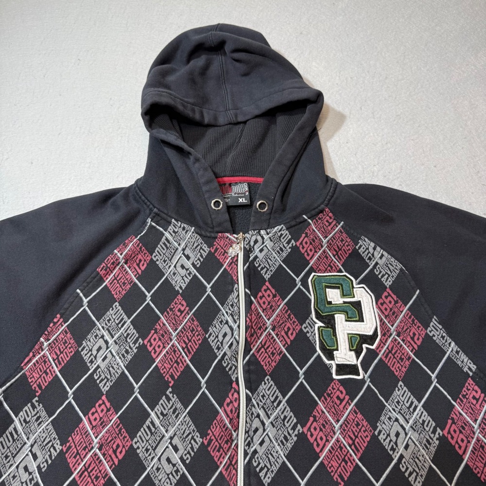 South Pole Authentic‎ Collection Zip Up Hoodie Men's XL Black Argyle Spellout